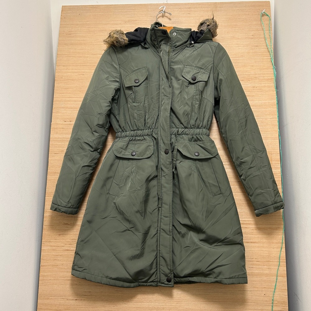 Benetton Olive Green Faux Fur Trim Hooded Parka Jacket Cinched Waist Size 38